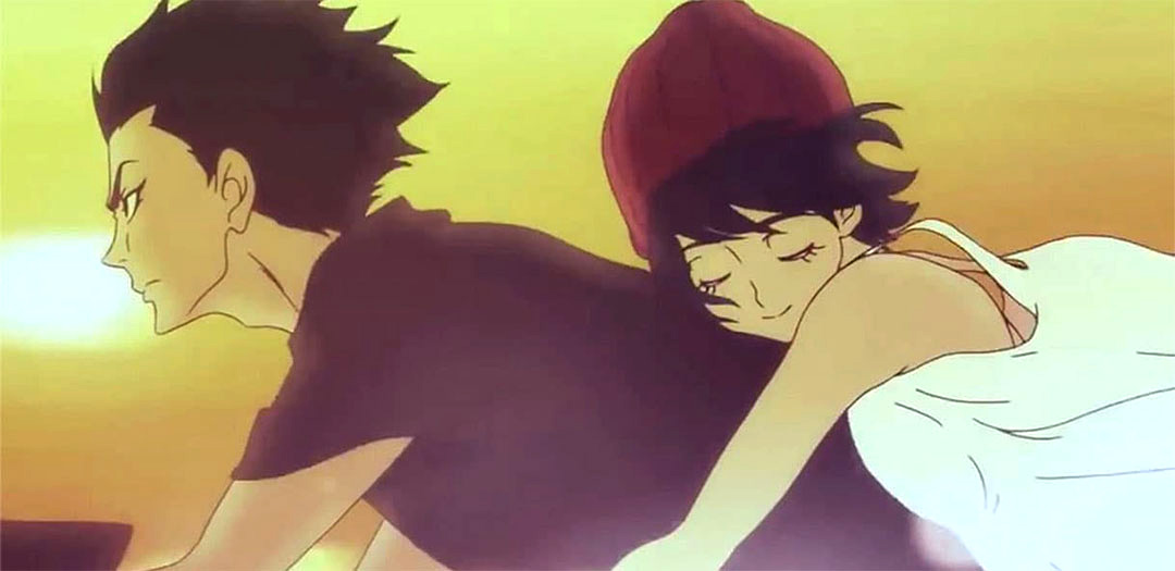 Akira Fudo and Miki Makamura riding against the sunset on a motorbike